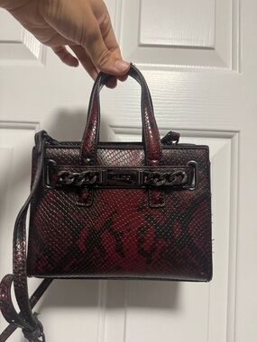 Red Textured Satchel Handbag with Chain Detail